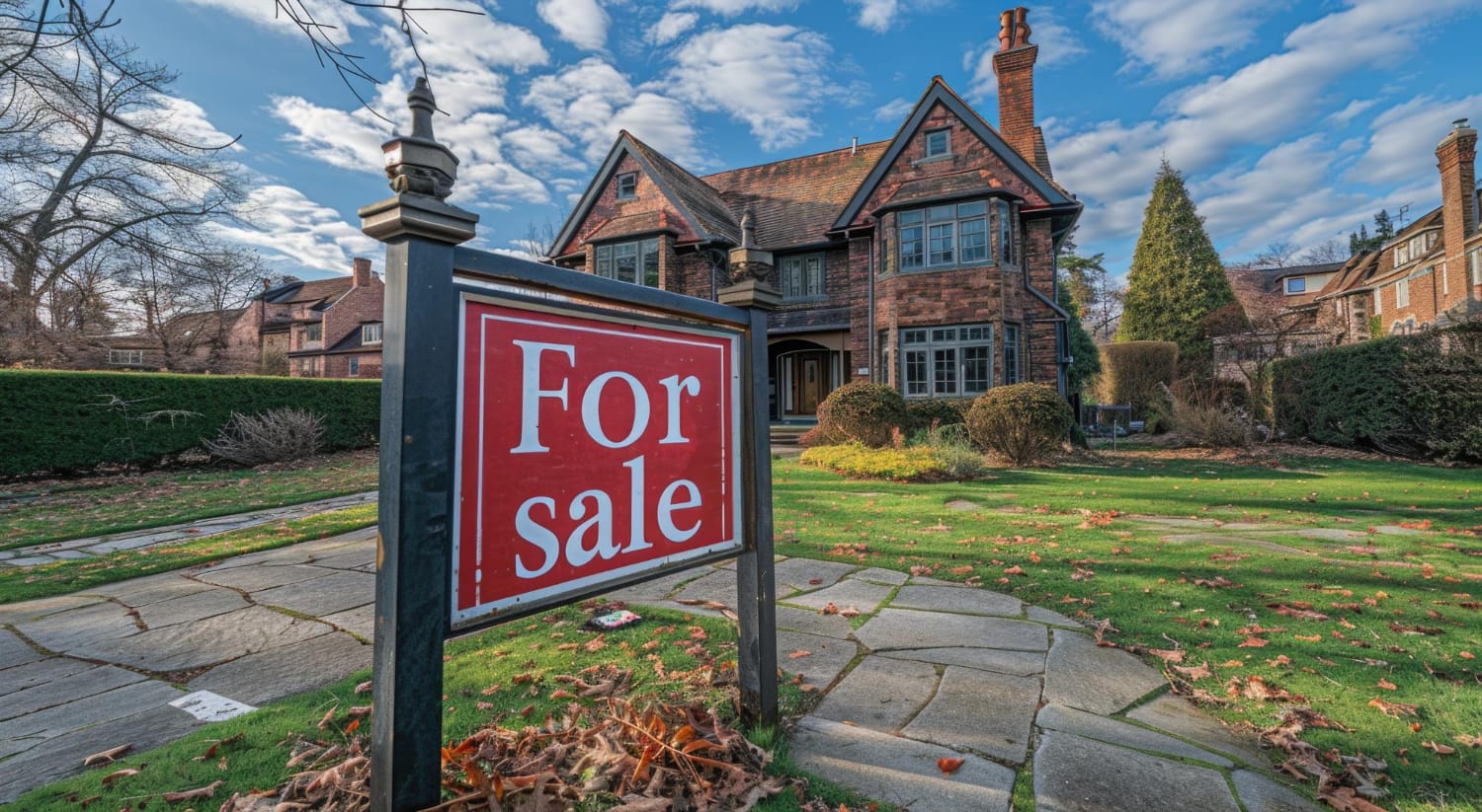 A two-story brick house with a "For Sale" sign in the front yard, representing the UK property market in 2025.